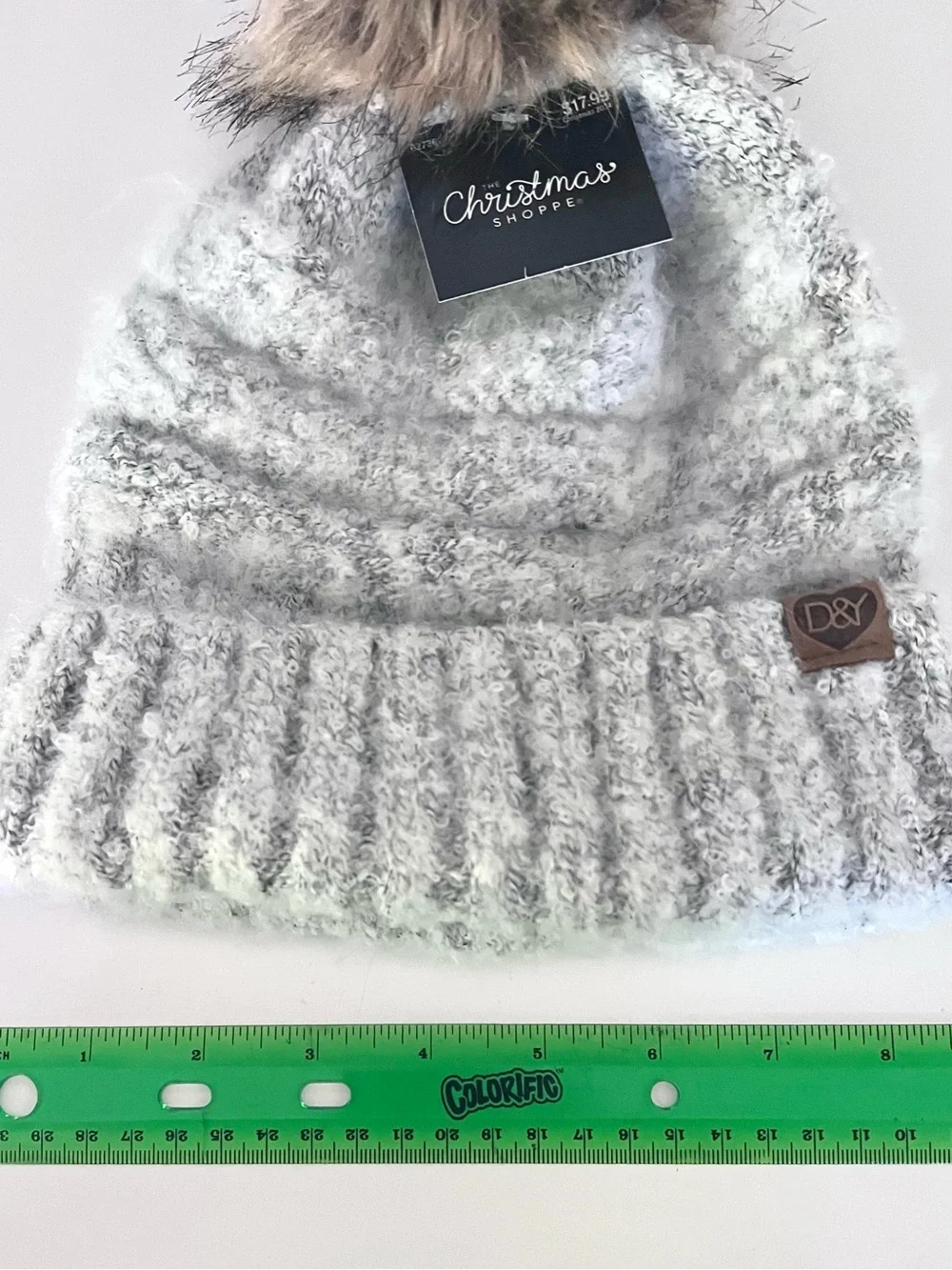 D&Y Light Gray Knit Beanie with Faux Fur Pom